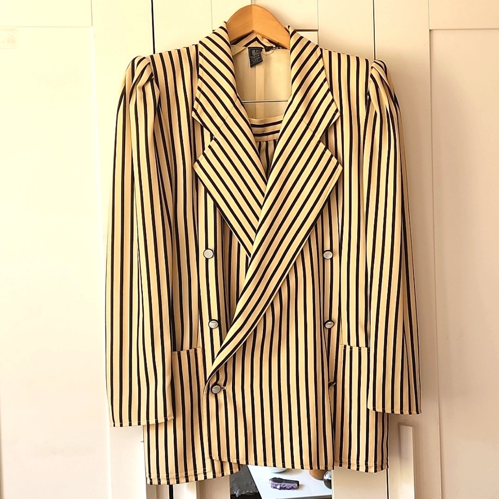 Pinstriped cream and black blazer and matching skirt